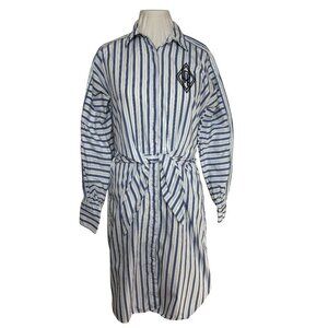 Lauren Ralph Lauren Broadcloth Blue White Striped Shirt Dress Tie  Embroidered 8